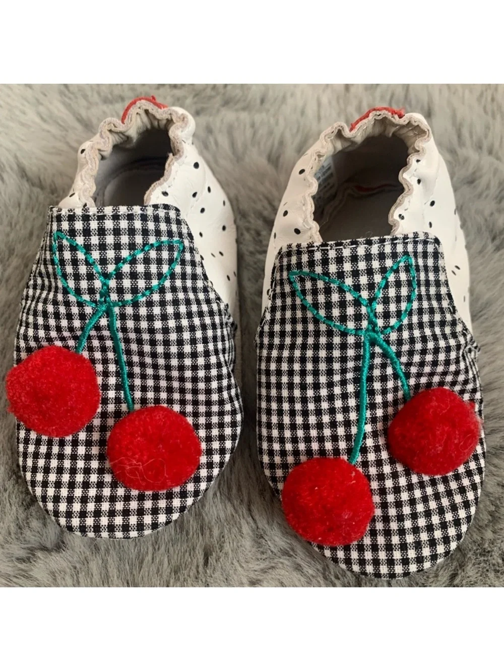 Robeez Black Gingham Baby Shoes with Red Cherry Appliqués 6-12 Months